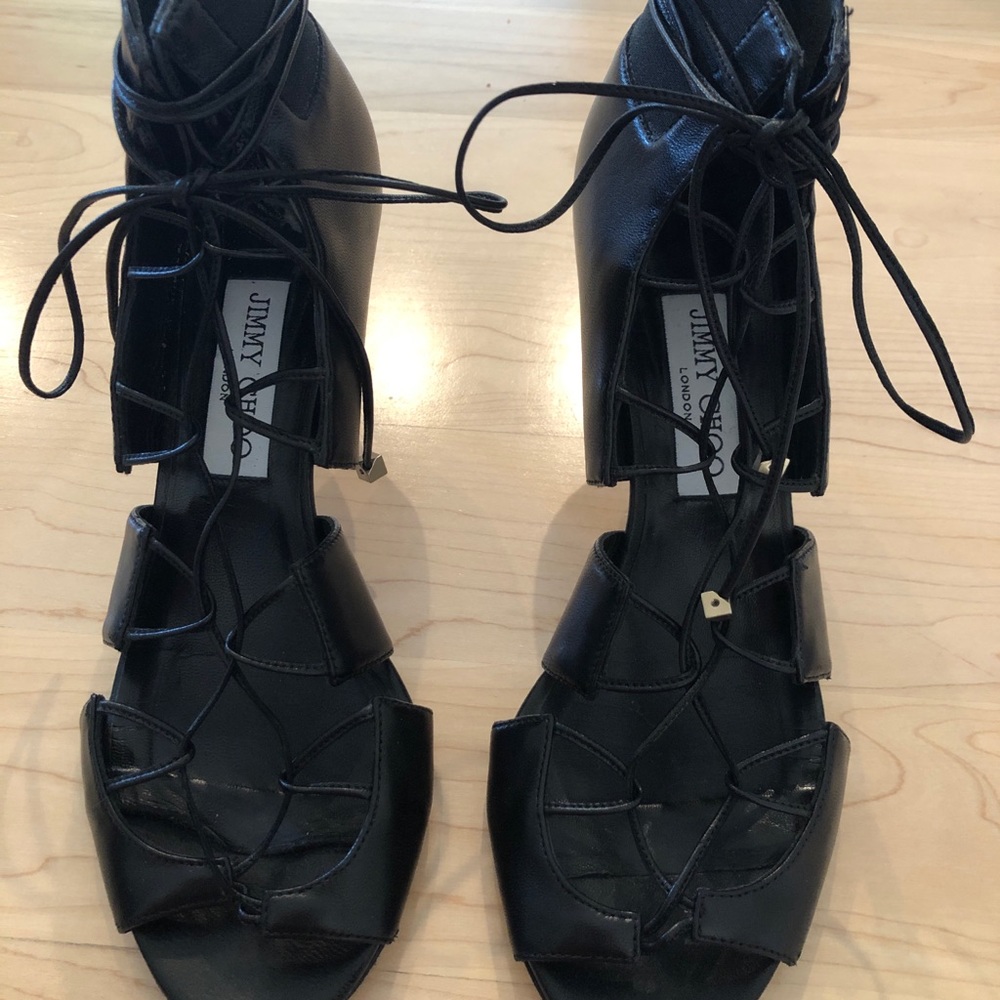 Jimmy Choo black leather skinny strap heel